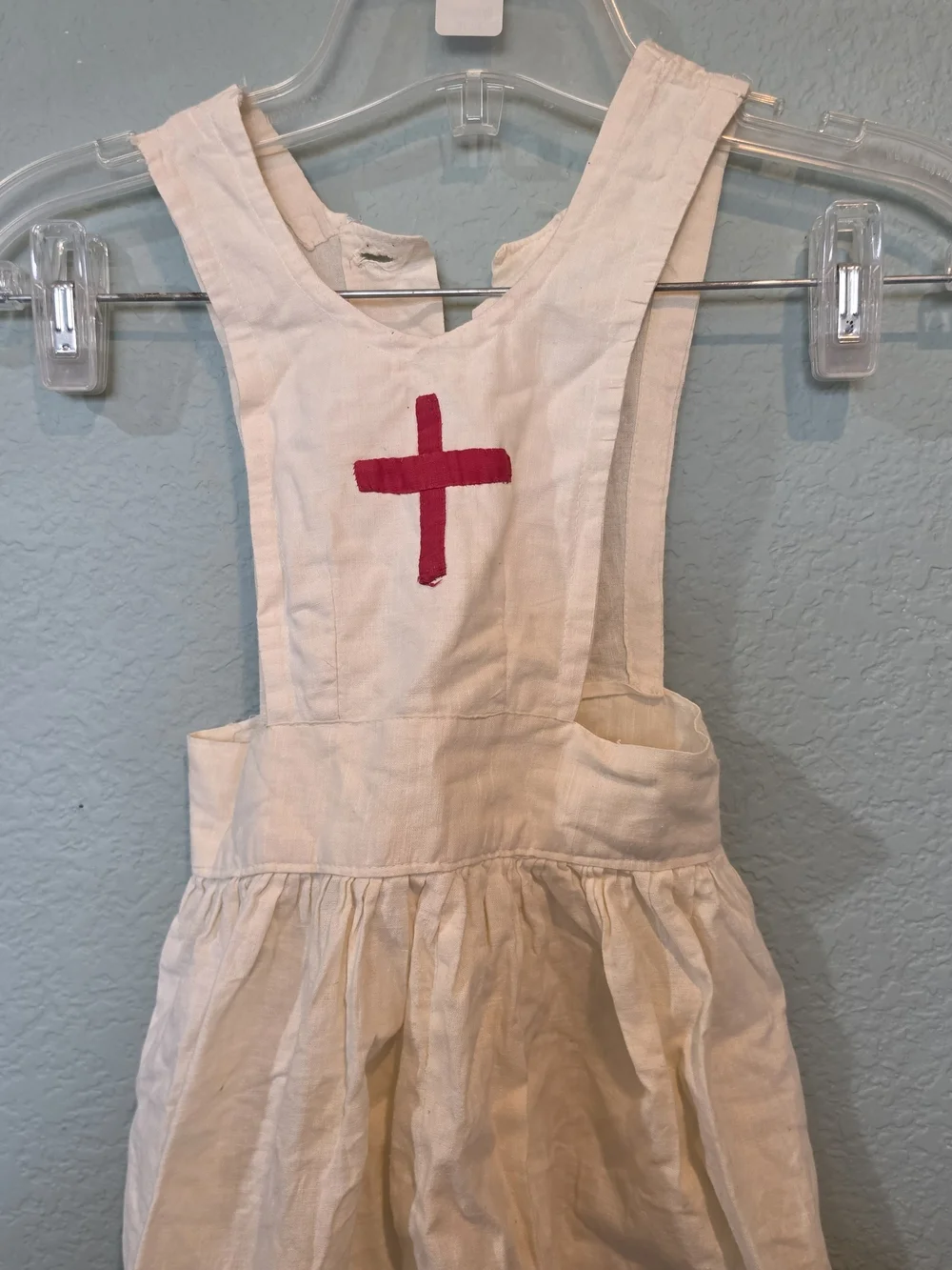 Vintage 1940s WWII Child Red Cross Nurse Pinafore Apron Dress Set w Bonnet Cap